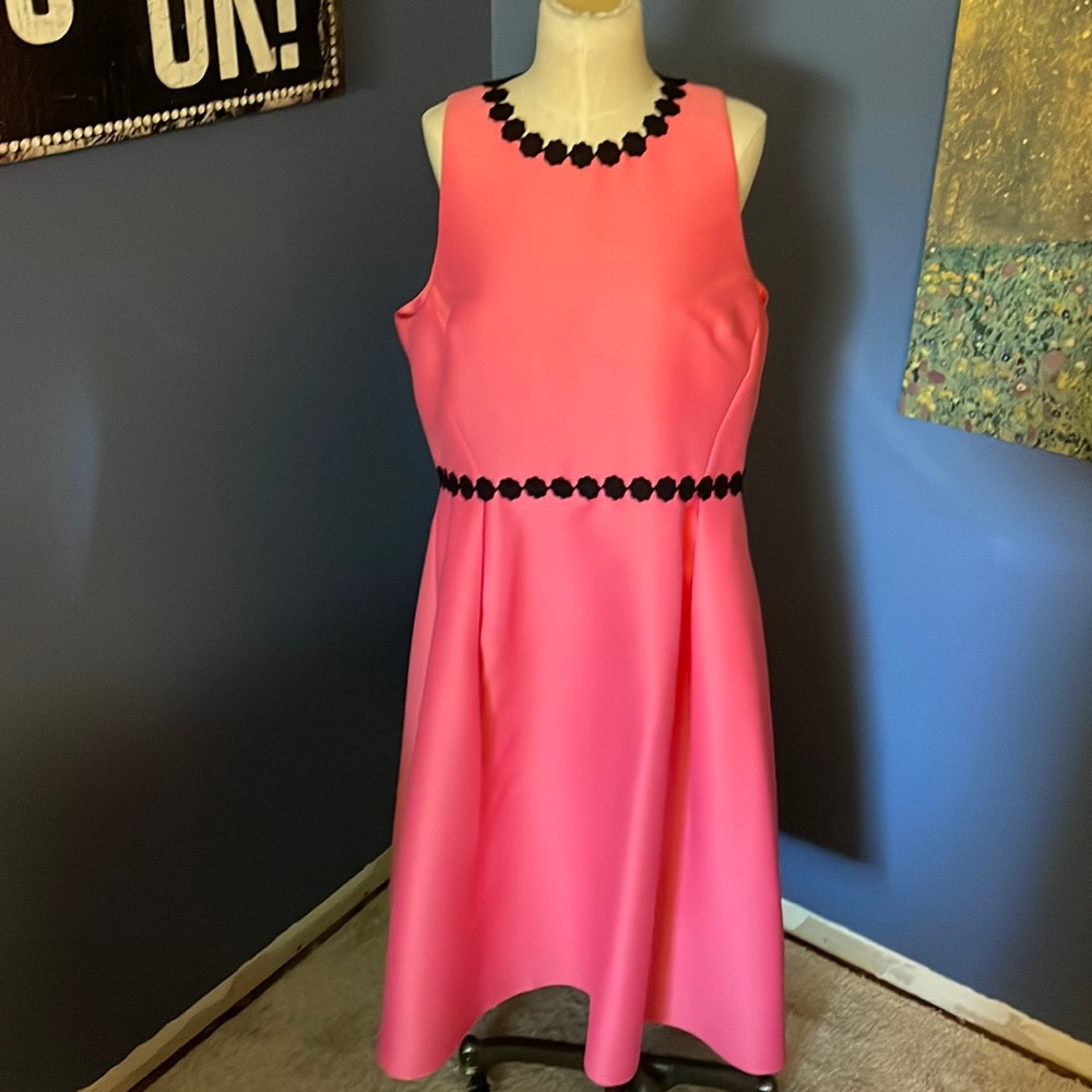 KATE SPADE Coral Fit and Flare Cocktail dress with Black Floral Accents
